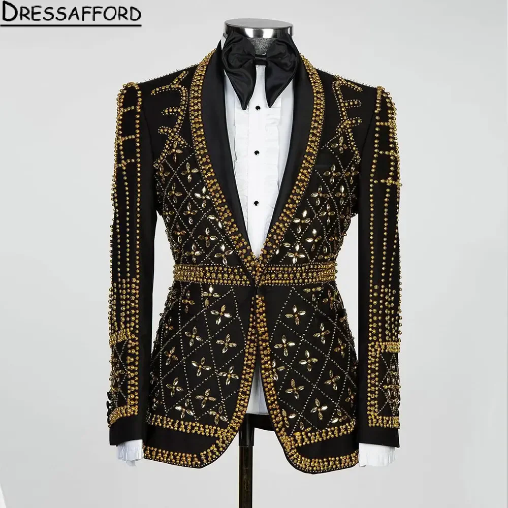 Blazer de pérolas de cristal dourado masculino, terno de noivo, jaqueta, colete, calças, preto, festa noturna, 2 peças