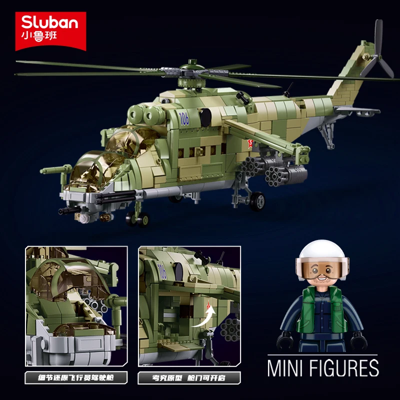 2024 Sluban WW2 Military Russia Air Weapon Mi-24 Attack Helicopters Hind Model Building Blocks Classics Fighter Bricks Plane Toy