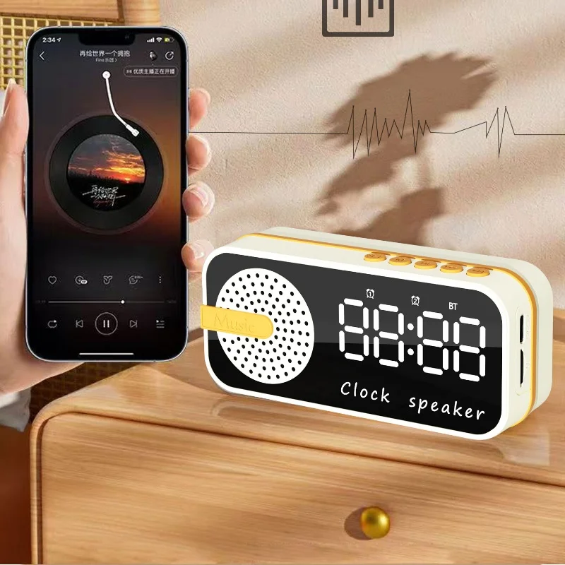 HIFI Music Box HD Mirror Alarm Clock Disaplay Mini Sleep SoundBox Clock Speaker Portable Bluetooth Speaker with TF Card FM Radio