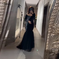 Black Mermaid Evening Dresses Off Shoulder Mono Satin Arabia Dubai Shiny Sequins Formal Prom Dress Floor Length Party Gowns