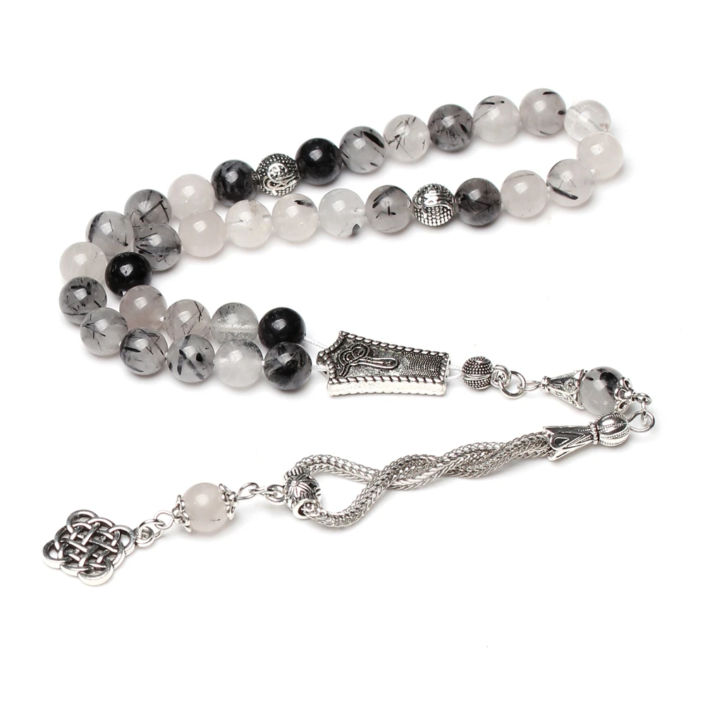 cristal tasbih 33 66 99 contas de quartzo rutilado preto natural misbaha metal borla muslim oracao granulos presente rosario islamico 01