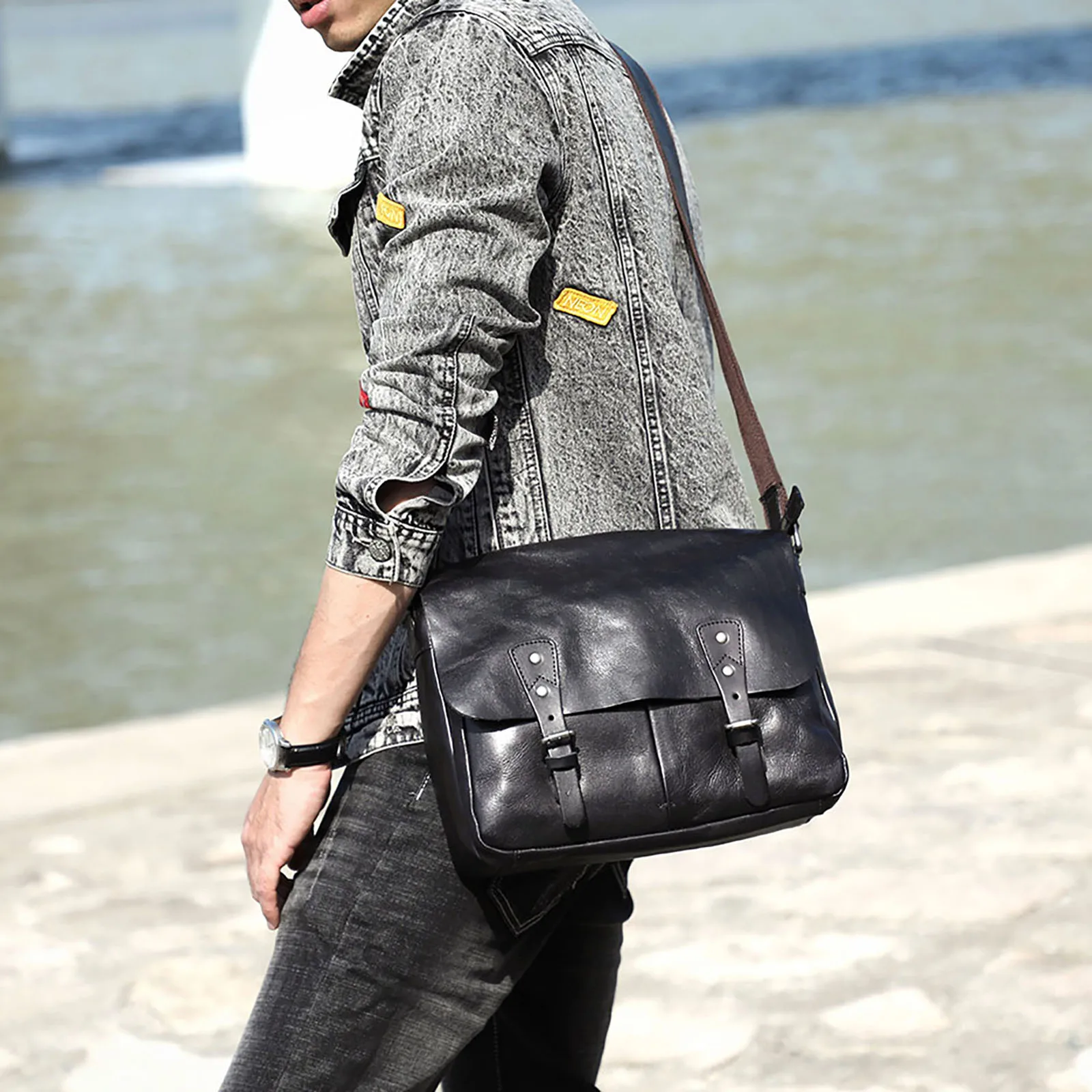 S.WORKER Echtleder Herren-Umhängetasche, Crossbody-Taschen, einfache Messenger-Taschen, Rindsledertasche, pflanzlich gegerbte Mode, lässig. – Detail 3