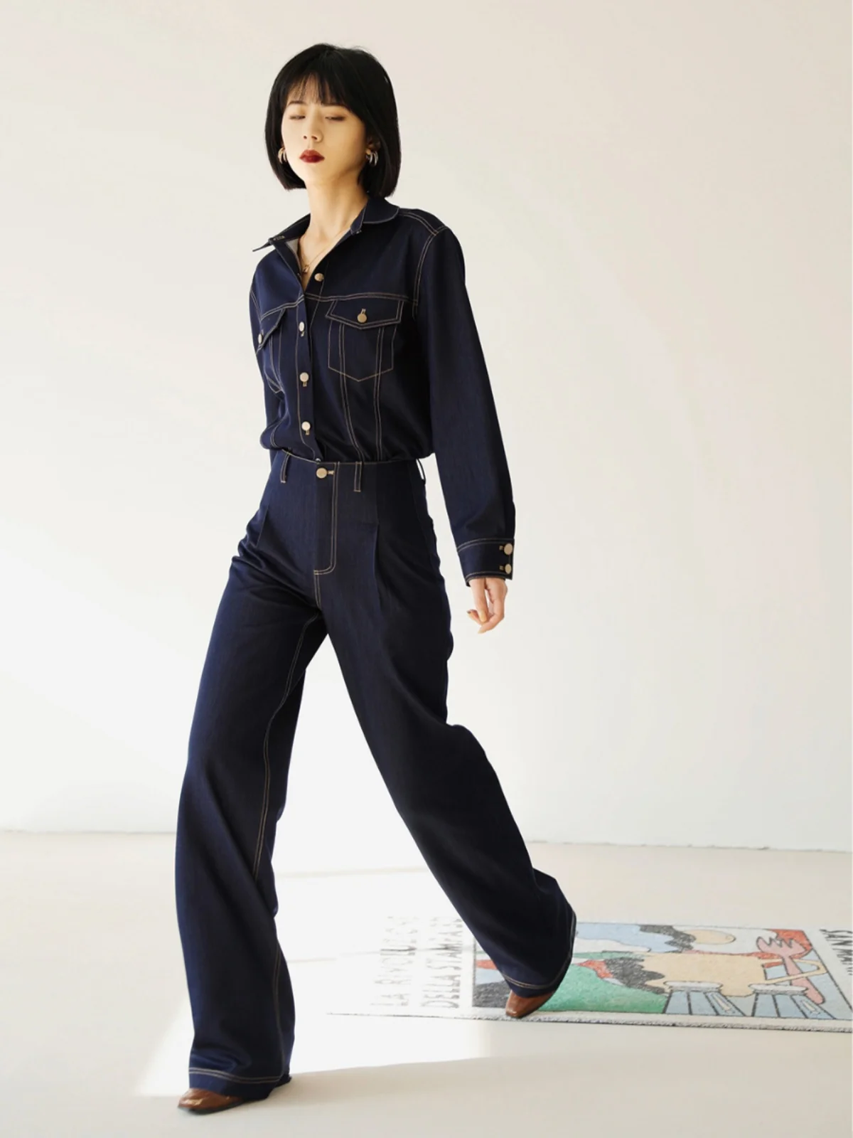 

SOTHEMOS Smart Pants High Waist Wide Leg Floor-Length Denim Soft 5 Colors Commute Sle Casual Trousers for Women