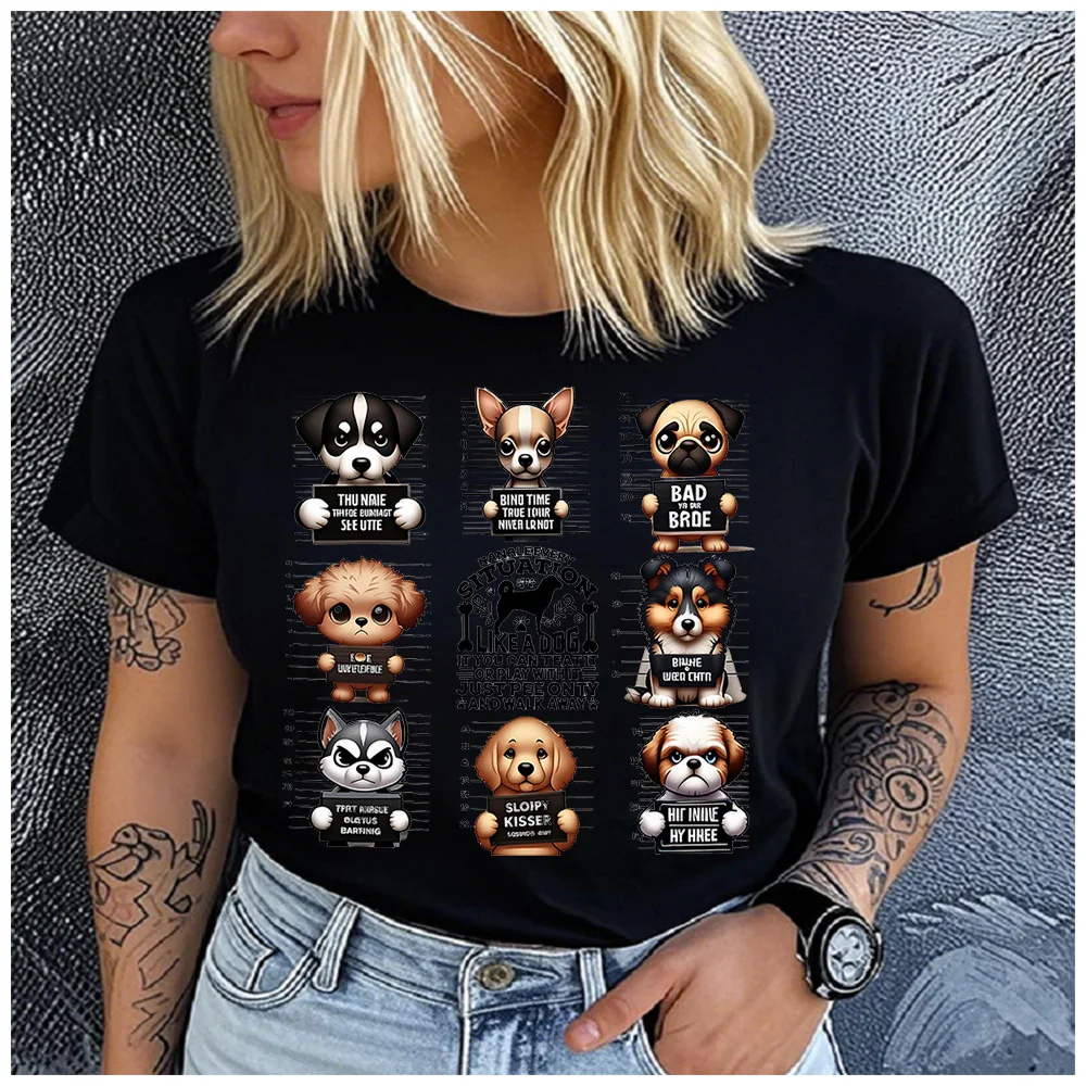 Cotton 100% Cartoon Bad Dog Mugshot Lineup Graphic Women T-Shirt Funny Puppy Arrest Photo Print Dog Owner Daily Short Sleeve Top