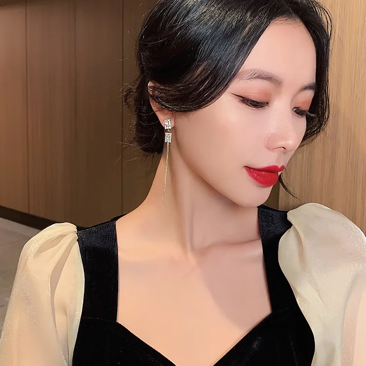 كامل الماس مزدوجة مستطيل الشرابة الأقراط الطويلة الطبعة الكورية قسط شخصية ضوء الفاخرة وأقراط S925 الفضة ني #4