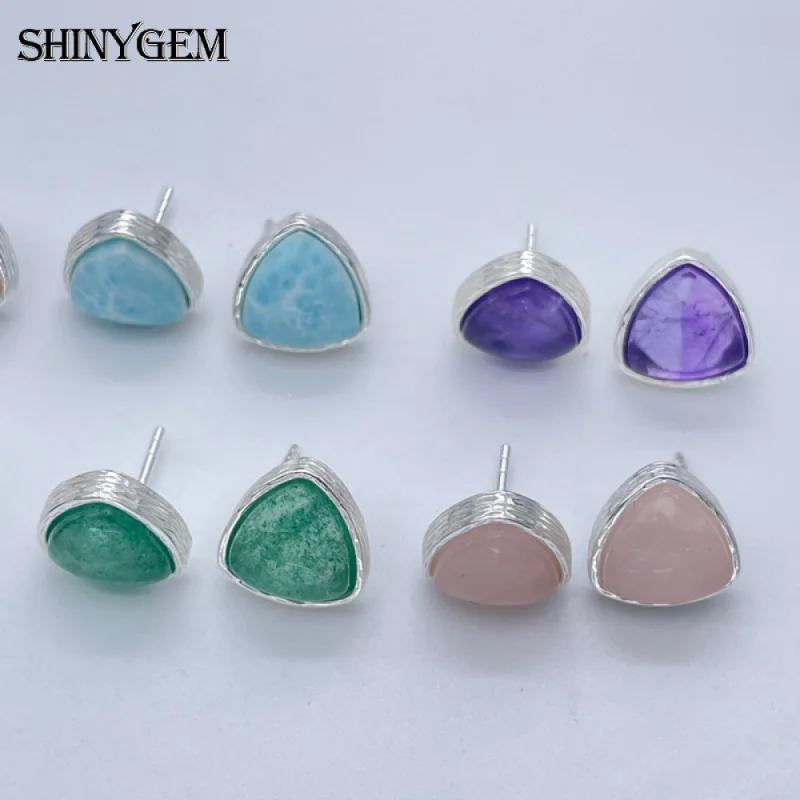 SHINYGEM Natural Stone Amethyst Larimar Triangle Stud Earrings Copper Plated White Gold Jewelry Women  Daily Party Accessories view 3