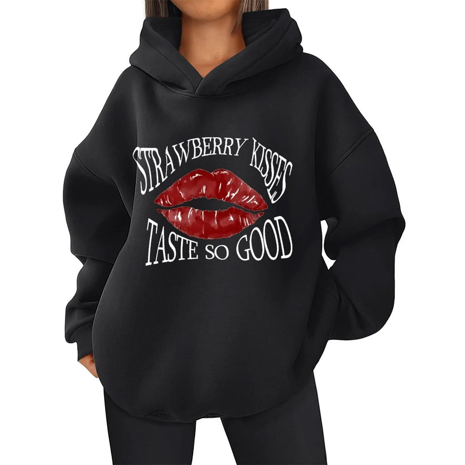 سويت شيرت نسائي بقلنسوة مطبوع بأكمام طويلة، بلوفر كاجوال للخريف والشتاء، نسيج بوليستر ناعم، ملابس خروج فضفاضة