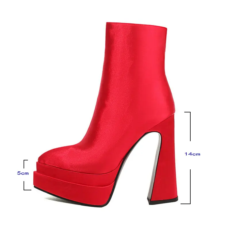 Black Red 2022 Winter Women Ankle Boots Platform Square High Heel Ladies Short Boots Silk Fashion Pointed Toe Zipper Women Shoes