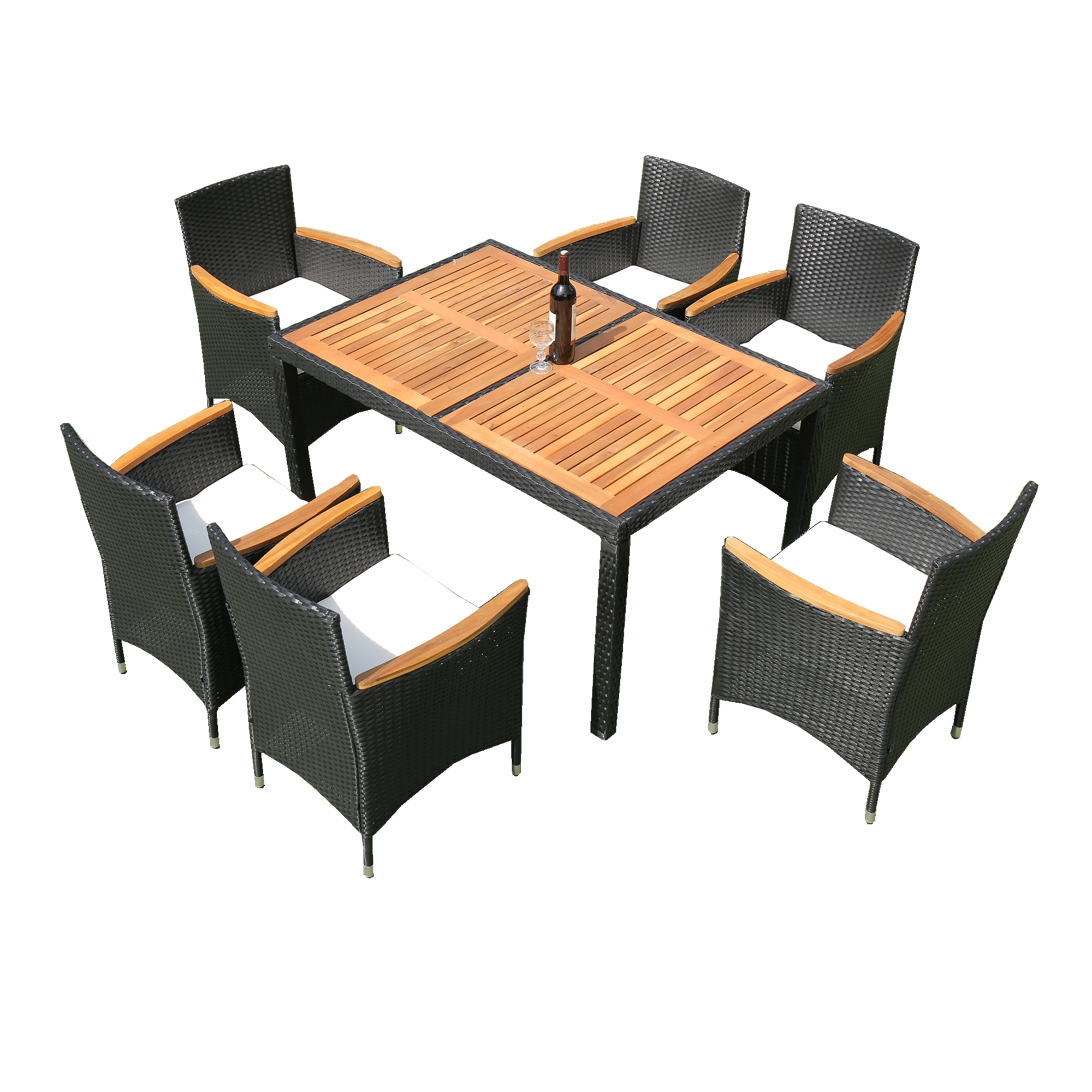 7 Stuk Outdoor Patio Rieten Dining Set Patio Rieten Meubels Dining Set W/Acacia Hout Top