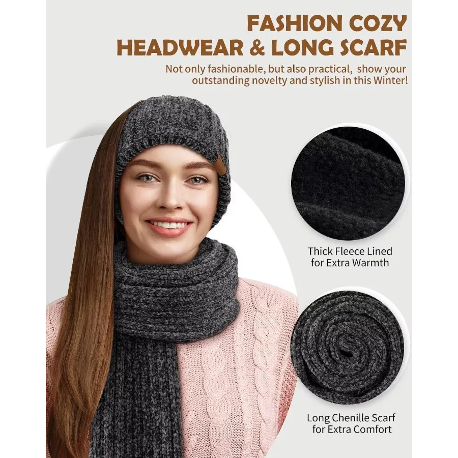 여성 비니 스카프 장갑 헤어밴드 세트 셔닐 겨울 모자 플리스 안감 귀마개 니트 스카프 터치스크린 장갑 4종 선물 세트
