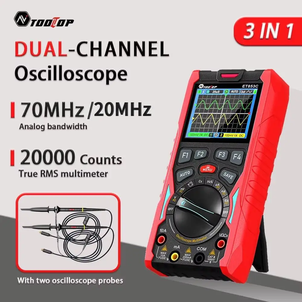 TOOLTOP ET853C 3-in-1 Handgehaltenes Digitales Oszilloskop 2CH 70MHz 20000 Counts Multimeter Automotive-Oszilloskop Signalgenerator