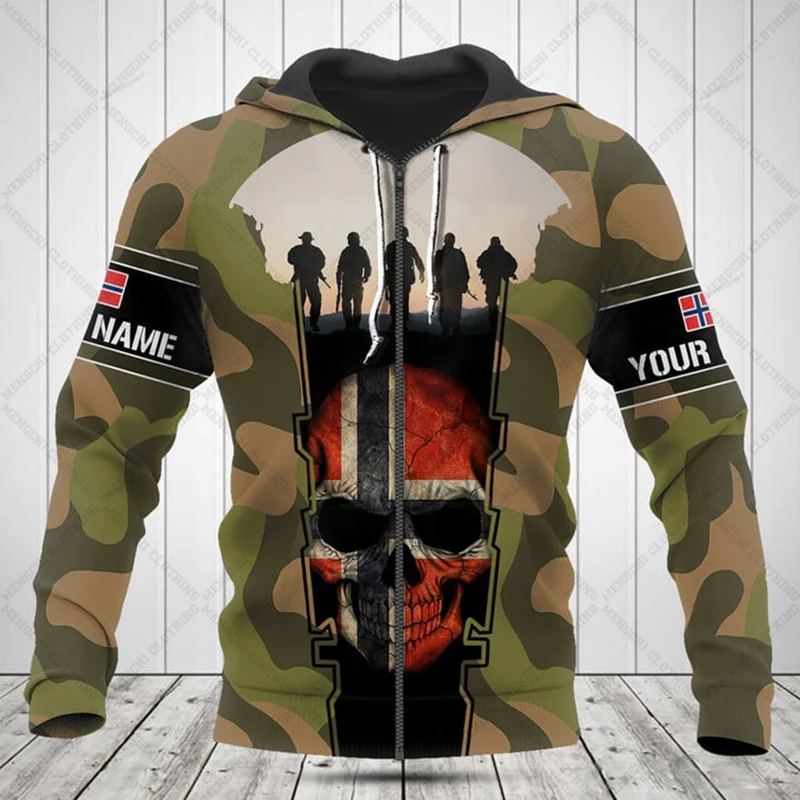 

Custom Name Norway Camo Skull Style Zipper Hoodies Loose Unisex Oversize Sweatshirts Winter Casual Streetwear Tops Pullover