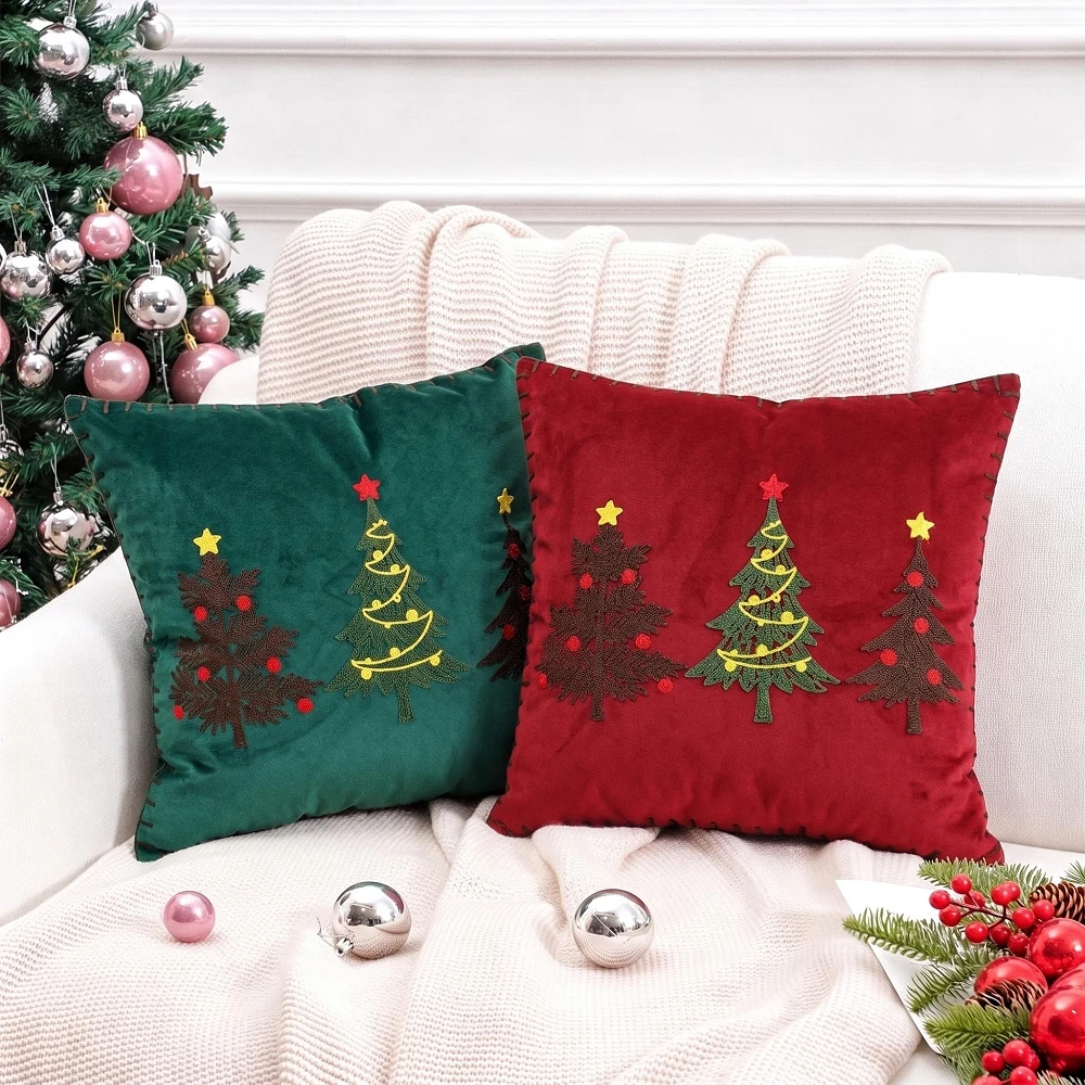 Christmas Cushion Cover Green Red 45x45cm Christmas Treed Emrboidery Pillowcase Sofa Throw Pillow Cover Xmas Decor Ornament