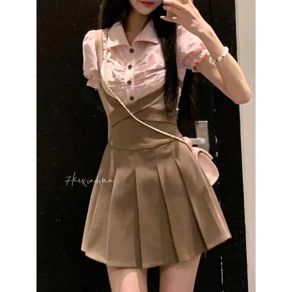 

Preppy Pleated Skirt Suit Short Puff Sleeve Shirt Women Sweet High-waisted Slim Cross Overall Dress Summer Chic Two Pieces Set