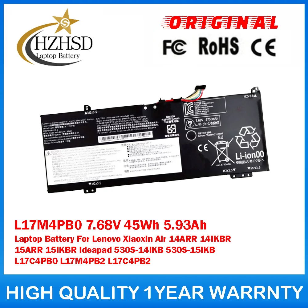 

L17M4PB0 7.68V 45Wh 5.93Ah Laptop Battery For Lenovo Xiaoxin Air14ARR 14IKBR 15ARR 15IKBR Ideapad 530S-14IKB 530S-15IKB L17C4PB0