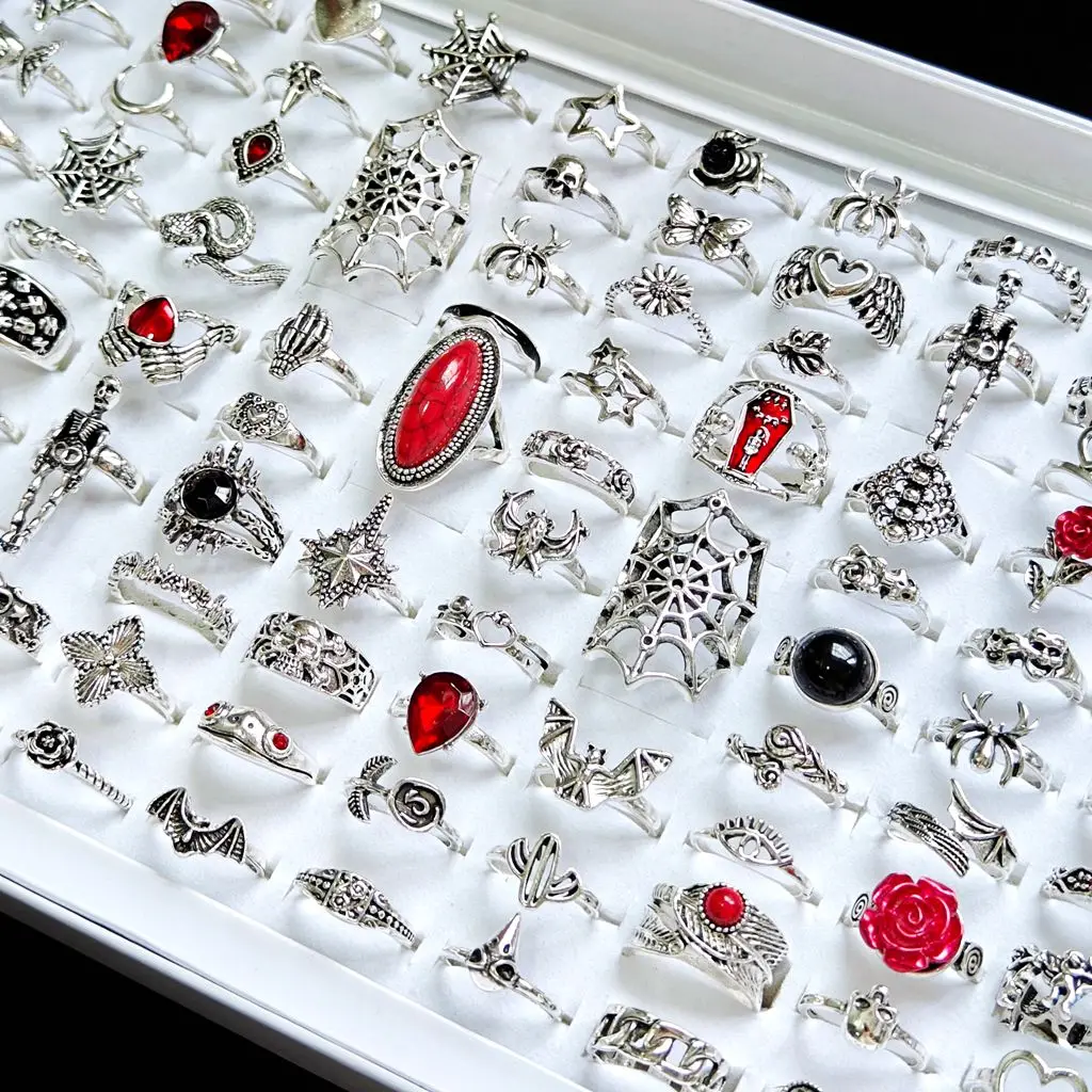 

Wholesale 20/30/50pcs Silver Plated Bohe Ethnic Vintage Rings For Men Women Punk Gothic Red Stone Animals Charm Finger Jewelry