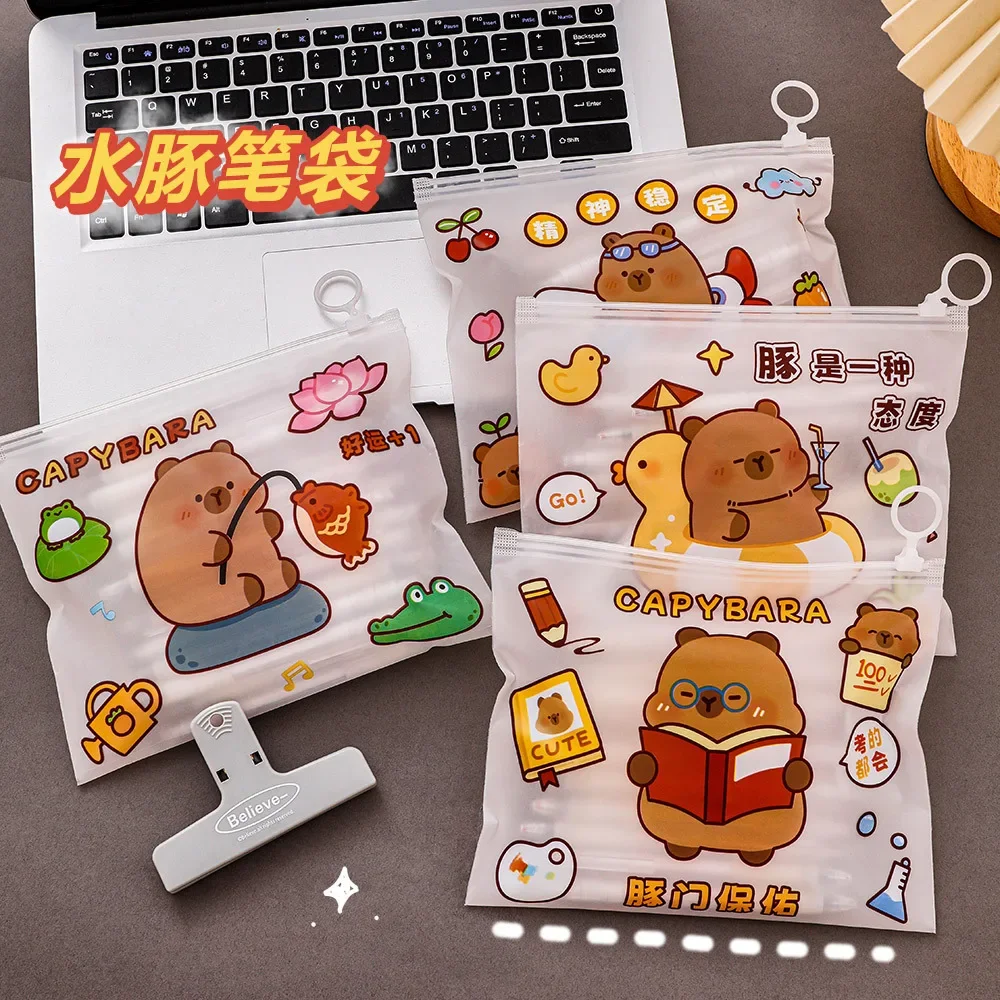 Pull Ring Document Bag Student Large Capacity Stationery Storage Bag Cartoon Transparent Capybara Waterproof Pencil Bag