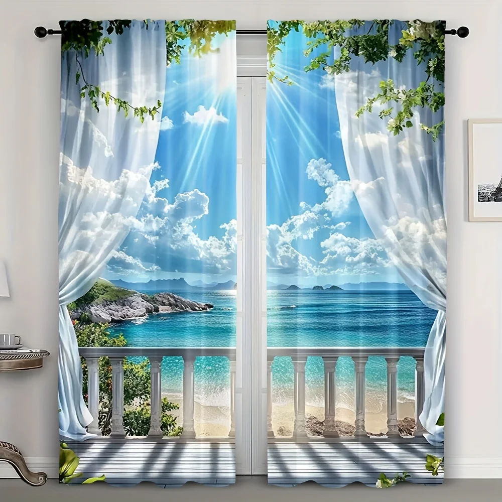 2pcs Ocean View Balcony Curtains Peach Skin Polyester 3D Scenic Living Room Bedroom Home Decor