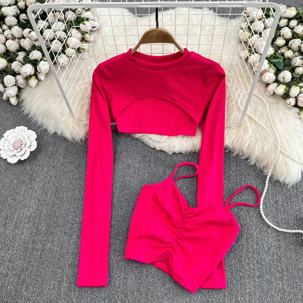 Women Two Pieces Sets Long Sleeve Slim Tshirt with Sexy Pleated Camis Tank Top Korean Fashion Hollow Out Crop Top Set Y2k Ins