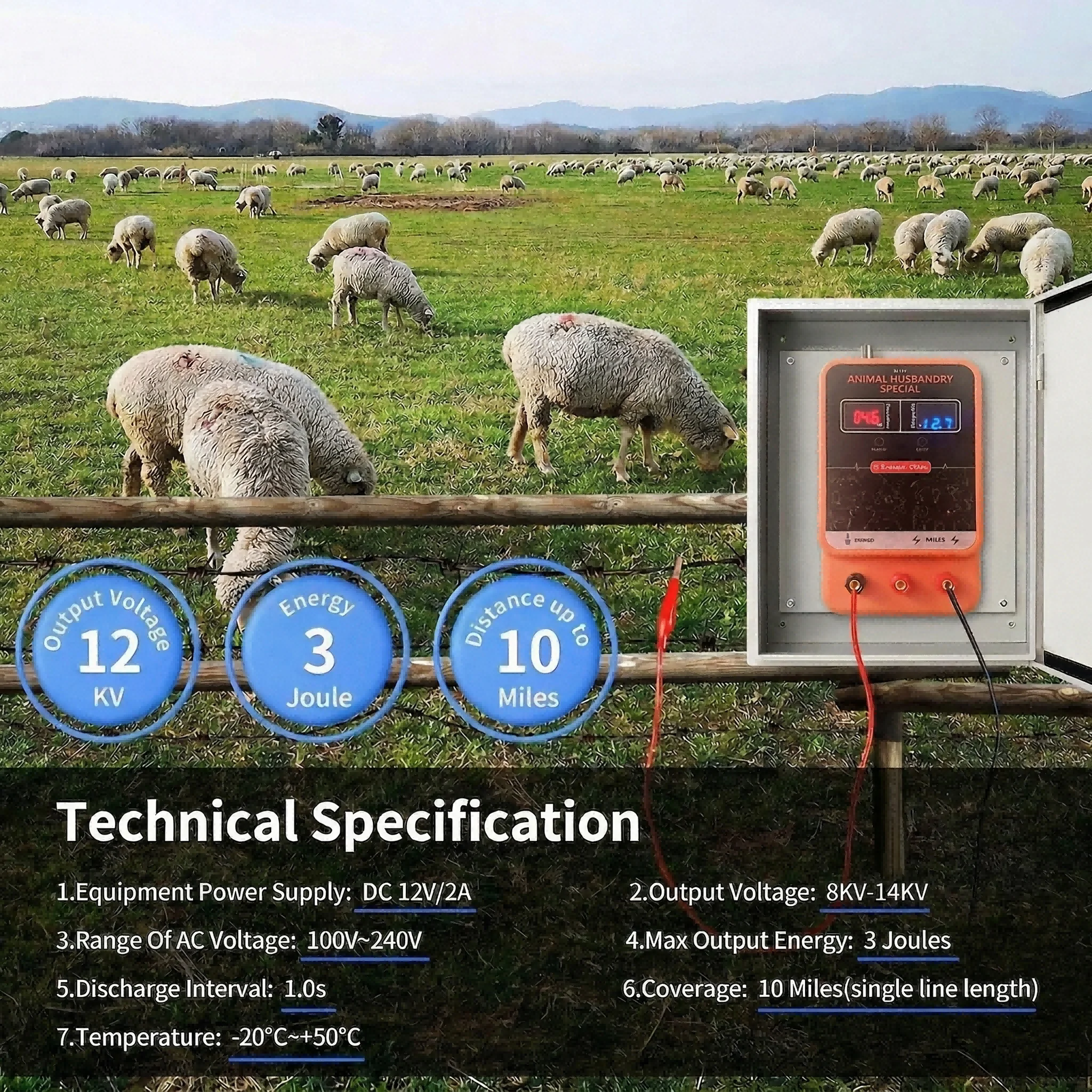 Electric Fence Charger Energizer 2 Joules 10KM AC DC 2 in 1 Powered Supply Input 12V Output 8 KV to 14KV with Display