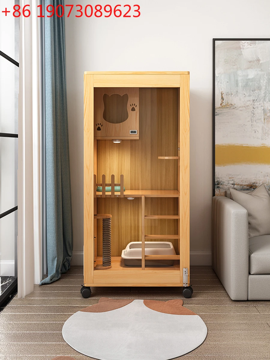 Villa para gatos de madera maciza, casa para gatos interior, cistería de lujo de dos pisos