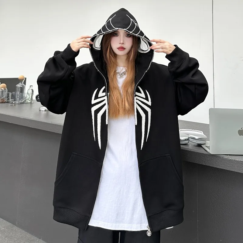 American Retro Spider Embroidery Hoodie Women Design Sense High Street Oversize Sweatshirt Harajuku Loose Zipper Hoodies Men