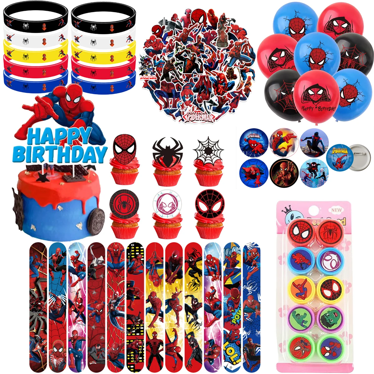 Spiderman Party Favors Supplies Gift Bag Goodie Bag Fillers Cake Topper Balloon Stamps Superhero Slap Bracelets Stickers