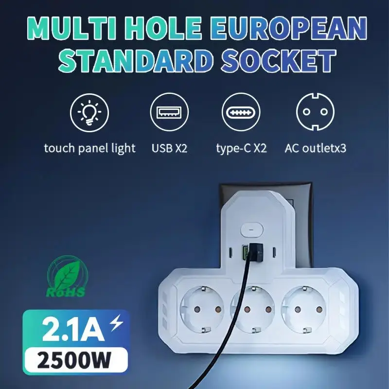 

EU Plug Power Strip Multi Socket Wall Outlet Independent Switch with Smart Charging USB Type C Port Space Saving for Home Office