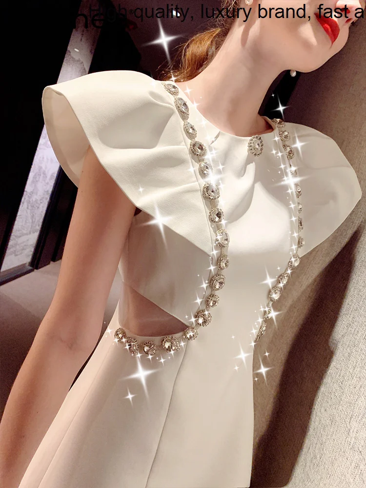 

Embroidery Hot Heavy Drilling Hollow-out Waist Ruffles White Mini Women 2023 Summer French Romantic Banquet Party Dress