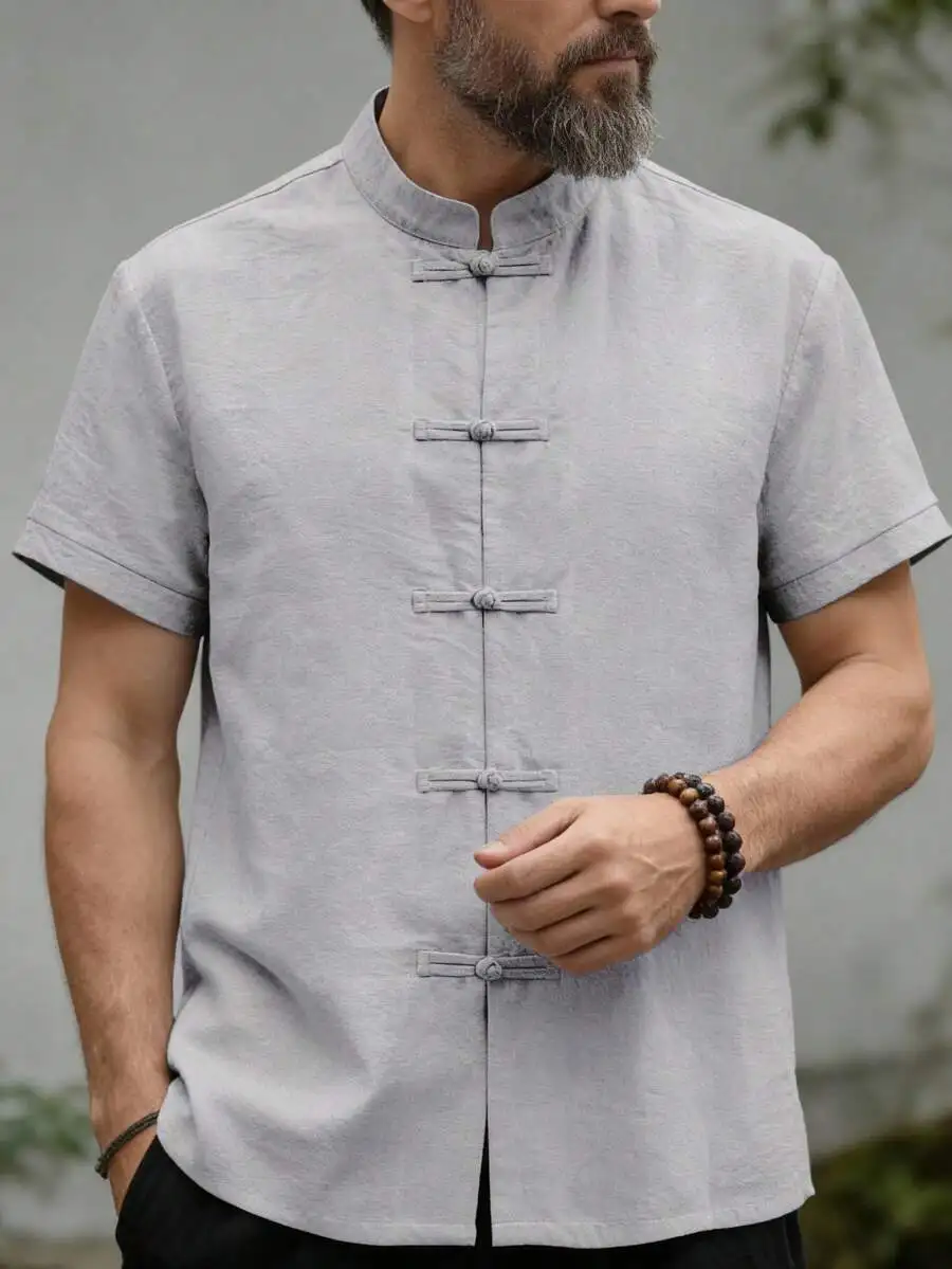 GOLDREDY Men's New Chinese Style Stand Collar Shirt, Solid Color Minimalist Business Casual Short Sleeve Shirt