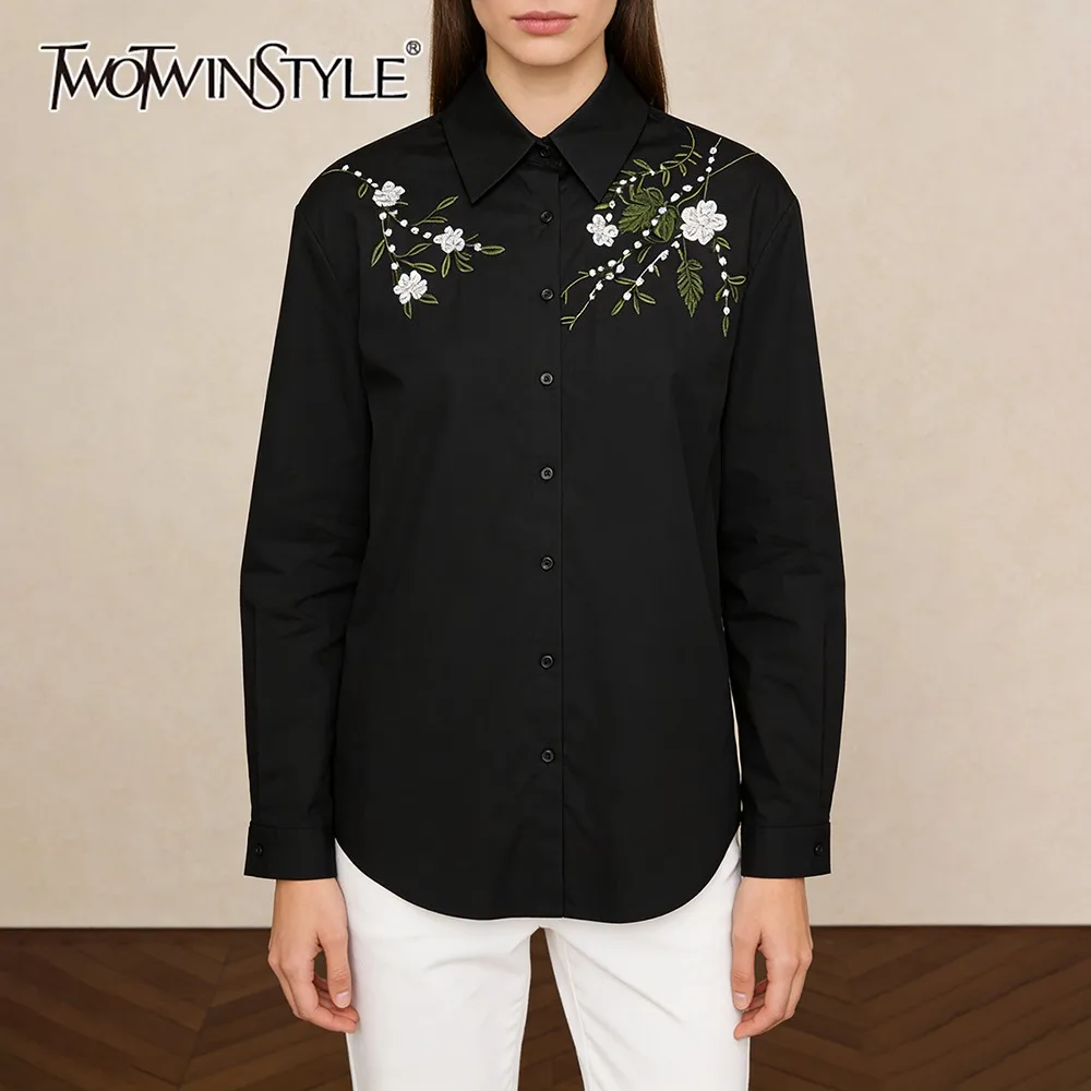 

TWOTWINSTYLE Solid Spliced Beading Chic Shirt Female Lapel Long Sleeve Loose Vintage Literary Women's Shirts Autumn Fashion New