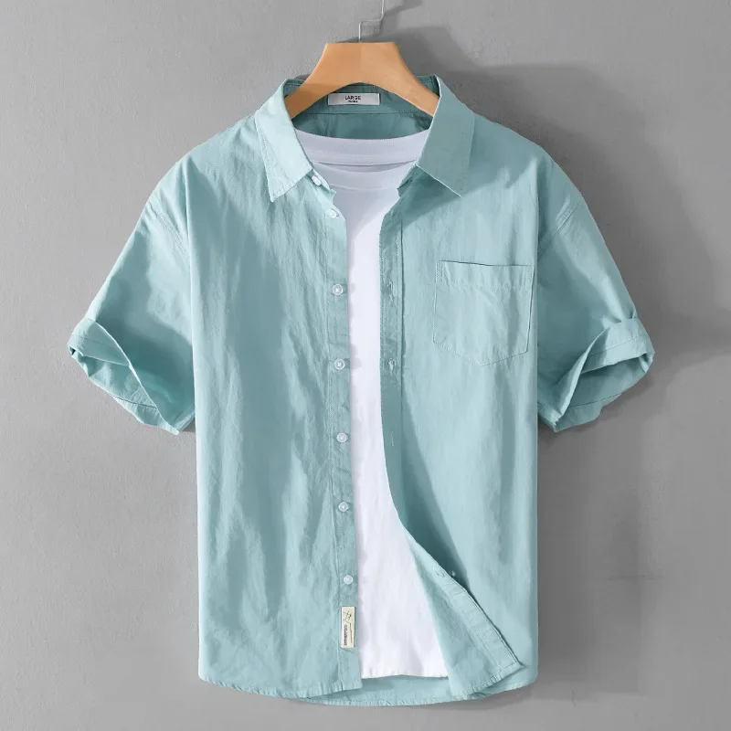 Summer Cotton Shirt Casual Loose and Comfortable Youth Simple Solid Color Mens Shirt