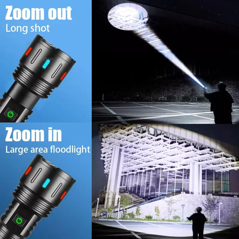 99000 lampe de poche LED puissante affichage de la batterie USB lumière Rechargeable télescopique Zoom lampe torche Camping en plein air lanterne de pêche