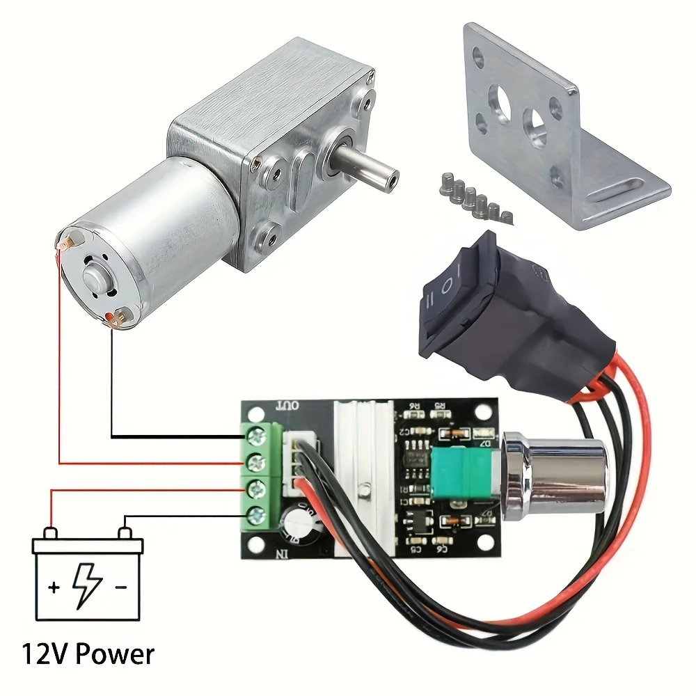 JGY370 DC 12V Worm Gear Motor with Bracket and Speed Controller - High Torque, Adjustable Speeds (2-375rpm)