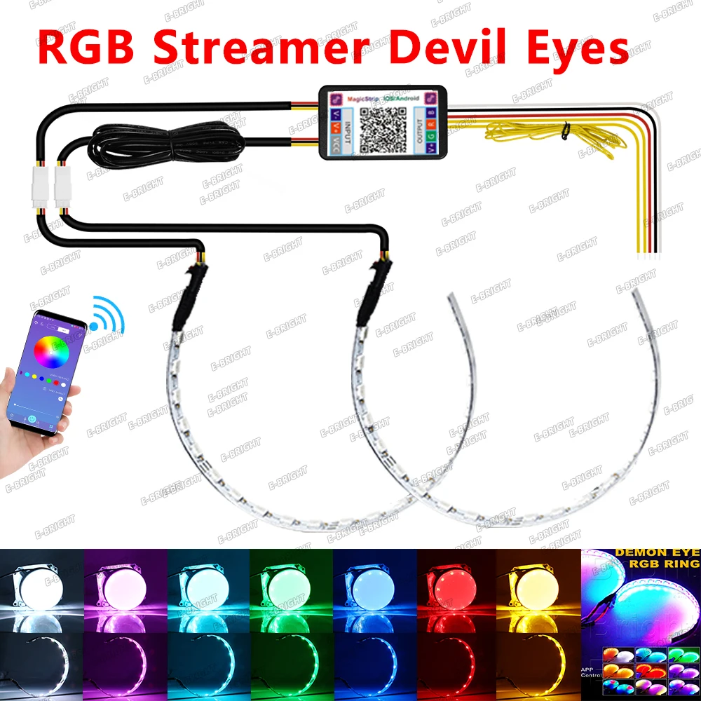 1set Streamer RGB APP Devil Eye Demon Angel Eyes Start Cool White Ring for 2.5-3.0in Car Motorcycle Headlight Decorative Light