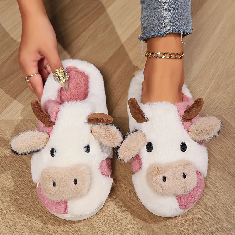 Womens Cute Cartoon Calf Plush Slippers Large Size 44-45 Comfort Lightweight Close Toe Ladies Slippers Indoor Home Warm Slides