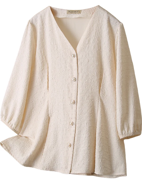 

Summer 2025 Women's Loose Fit V-Ne Texture Sensation irt Seven-Quarter Sve Faionable Top Korean Sle Casual Wear