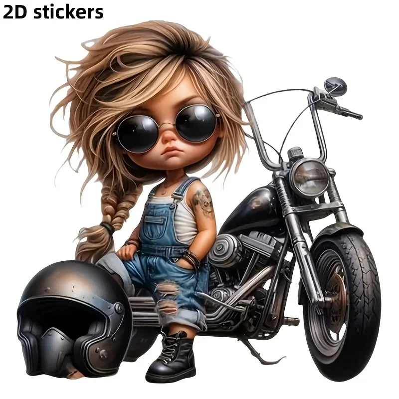 Cute Q Version Biker Girl 2D Vinyl Sticker Tattoo Design Helmet Decal for Car Laptop, Ideal Gift for Motorcycle Lovers
