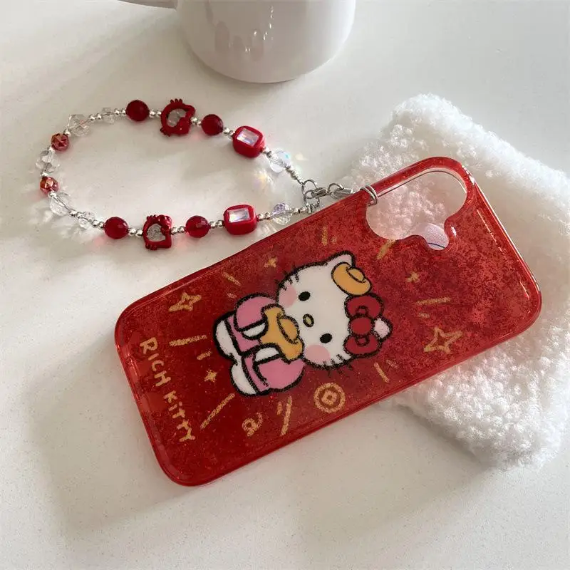 Sanrio Anime Cartoon Hello Kitty Phone Case Kawaii Iphone14/13/16/15Promax Anti Fall Phone Case Phone Chain Girl New Year's Gift