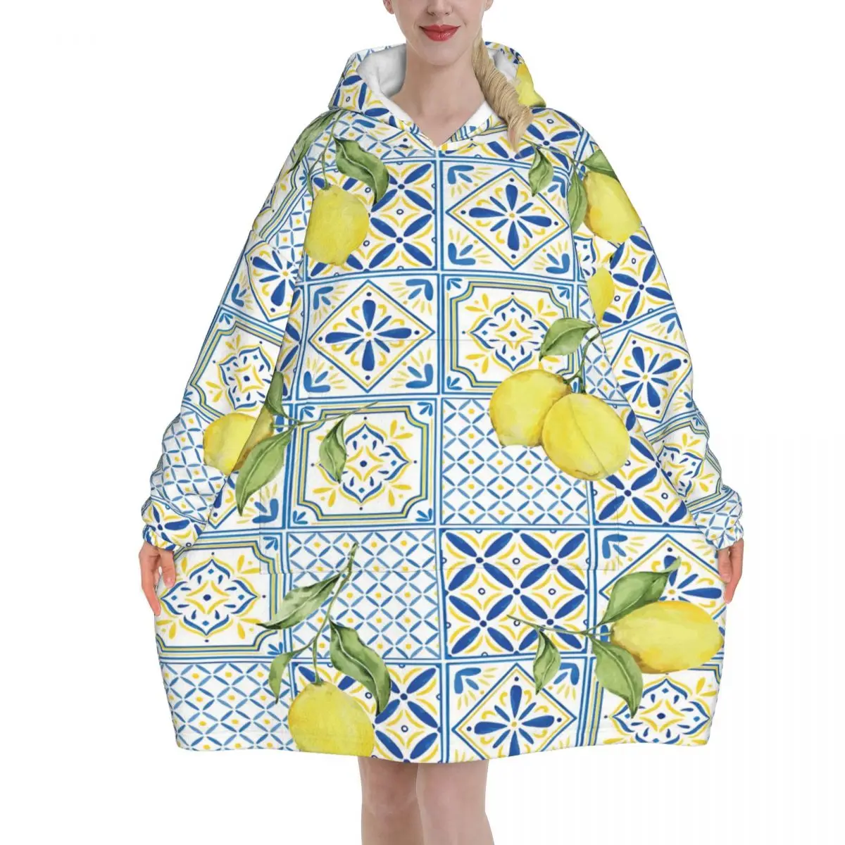 Lemon Sicily Rectangle Blanket Hoodie Wearable Blanket Oversize with Pocket Warm Sleeping Bag Soft Cozy Onesie