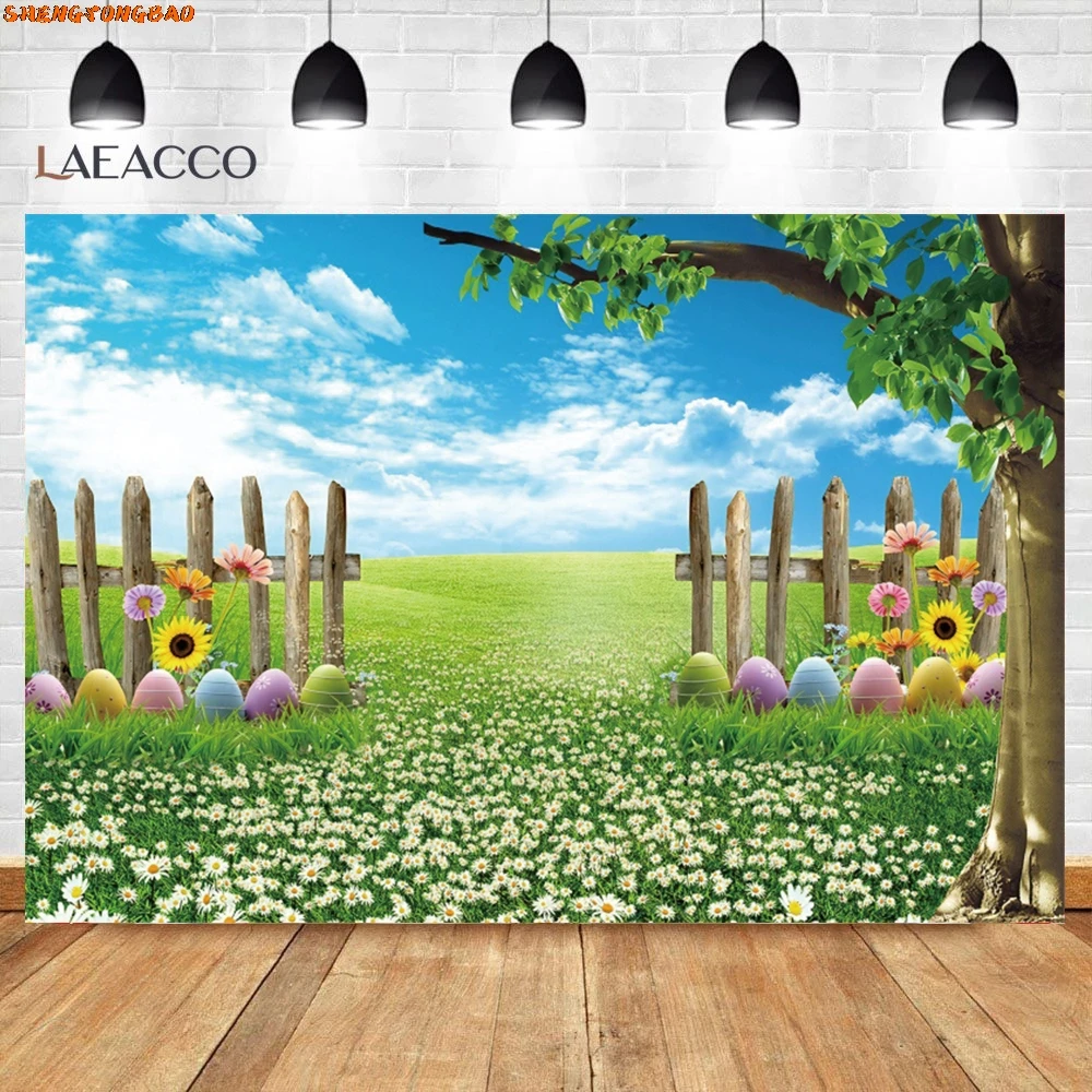 خلفية عيد الفصح الربيعية للتصوير الفوتوغرافي العشب الأخضر السماء الزرقاء بيض عباد الشمس شجرة بارك صورة لحديثي الولادة خلفية للتصوير الفوتوغرافي