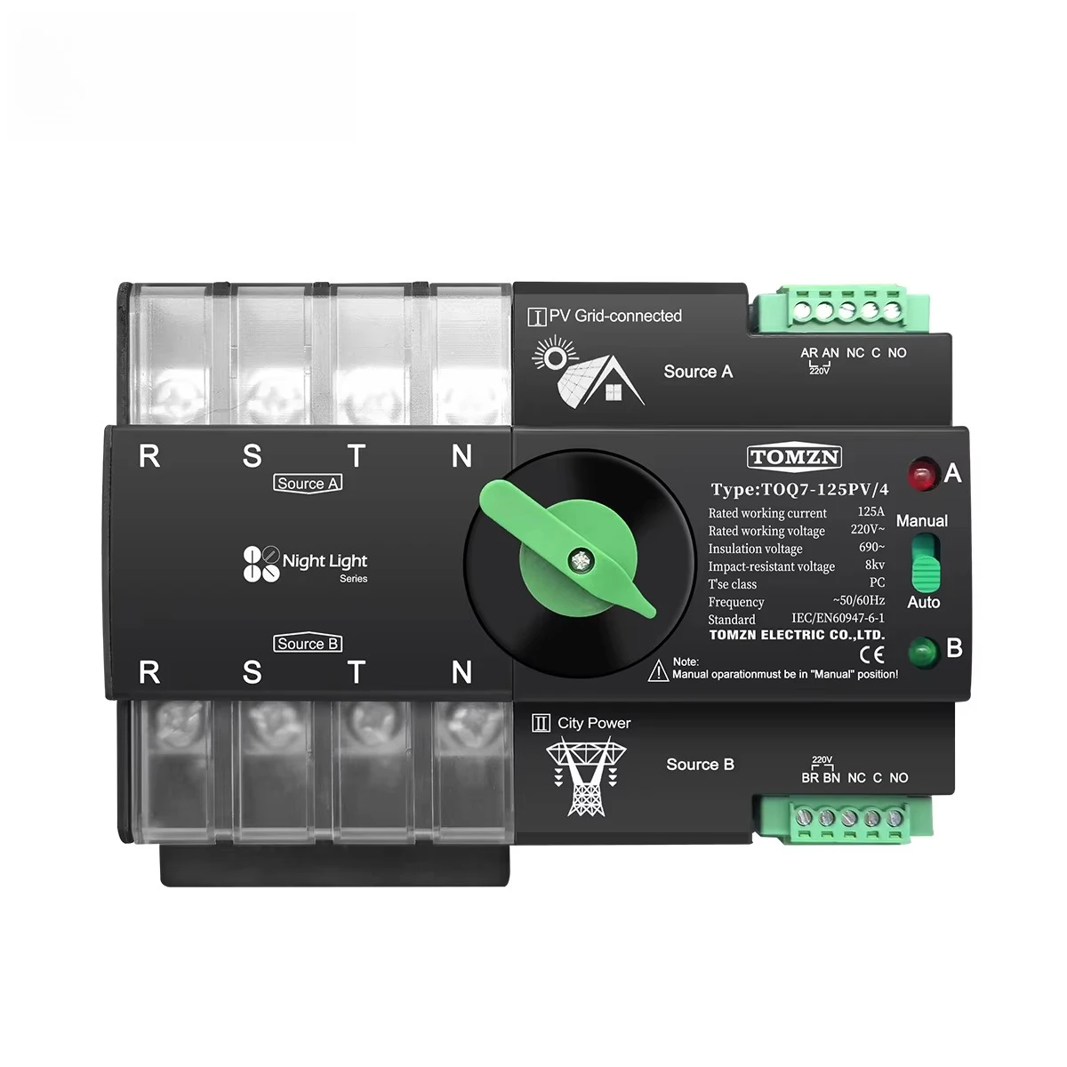 

Din Rail 3 Phase ATS for PV 4P 63A 100A 125A 230V Dual Power Automatic Transfer Electrical Selector Switch Uninterrupted
