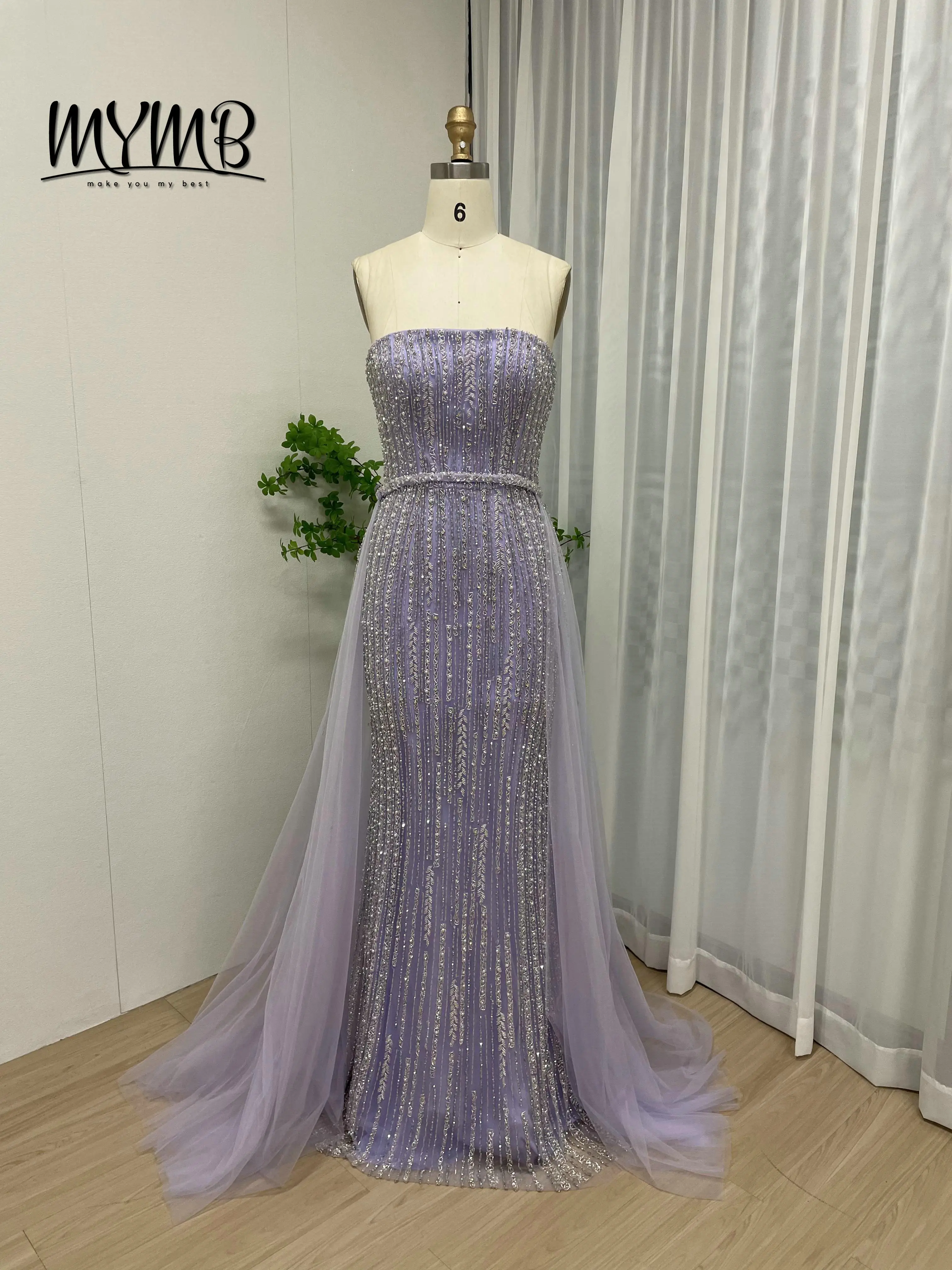 فستان سهرة فاخر أرجواني حورية البحر بدون أكتاف من MYMB مطرز بالريش مع قفازات لحفلات الزفاف للنساء الأنيقات MY30037