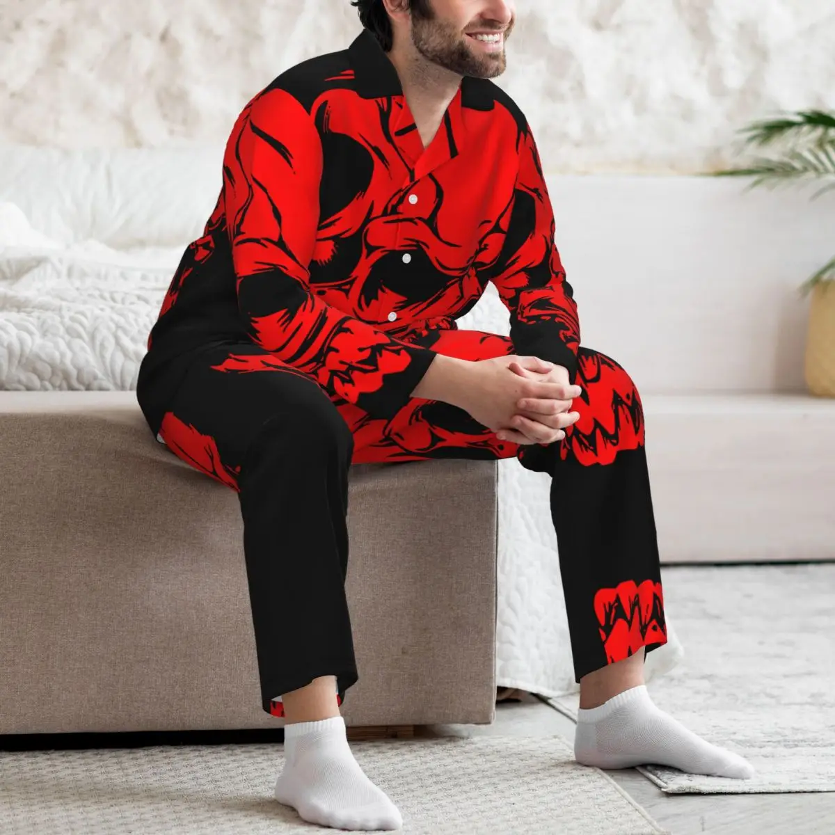 Conjunto de pijamas para hombre de otoño invierno de manga larga con calavera roja ropa de casa ropa de dormir 2 unids/set