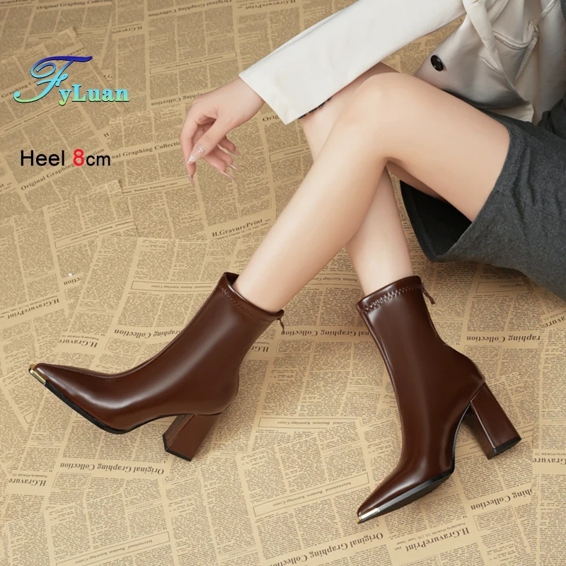 

2026 New Spring Autumn Women Ankle Boots Back Zipper PU Leather Poined Toe Ladies Boots Woman High Heels 6CM 8CM Booties Mujer