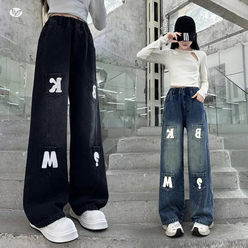 

Girls' Denim Pants, Letter-Print Straight-Leg Denim Pants, 2025 New Arrival Flare Pants, Big Girls' Autumn Long Pants, Ages 7-14