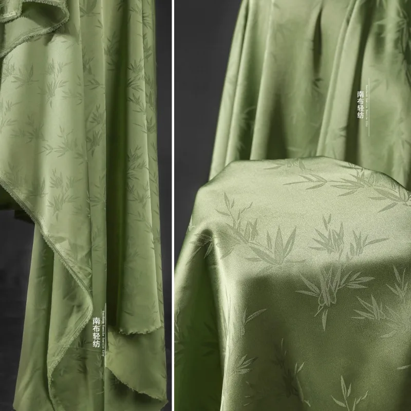 Acetic Acid Bamboo Jacquard Bamboo Leaf Silk Satin Hanging Silk Smooth Dress Large Sleeved Cheongsam Dress Designer Fabric