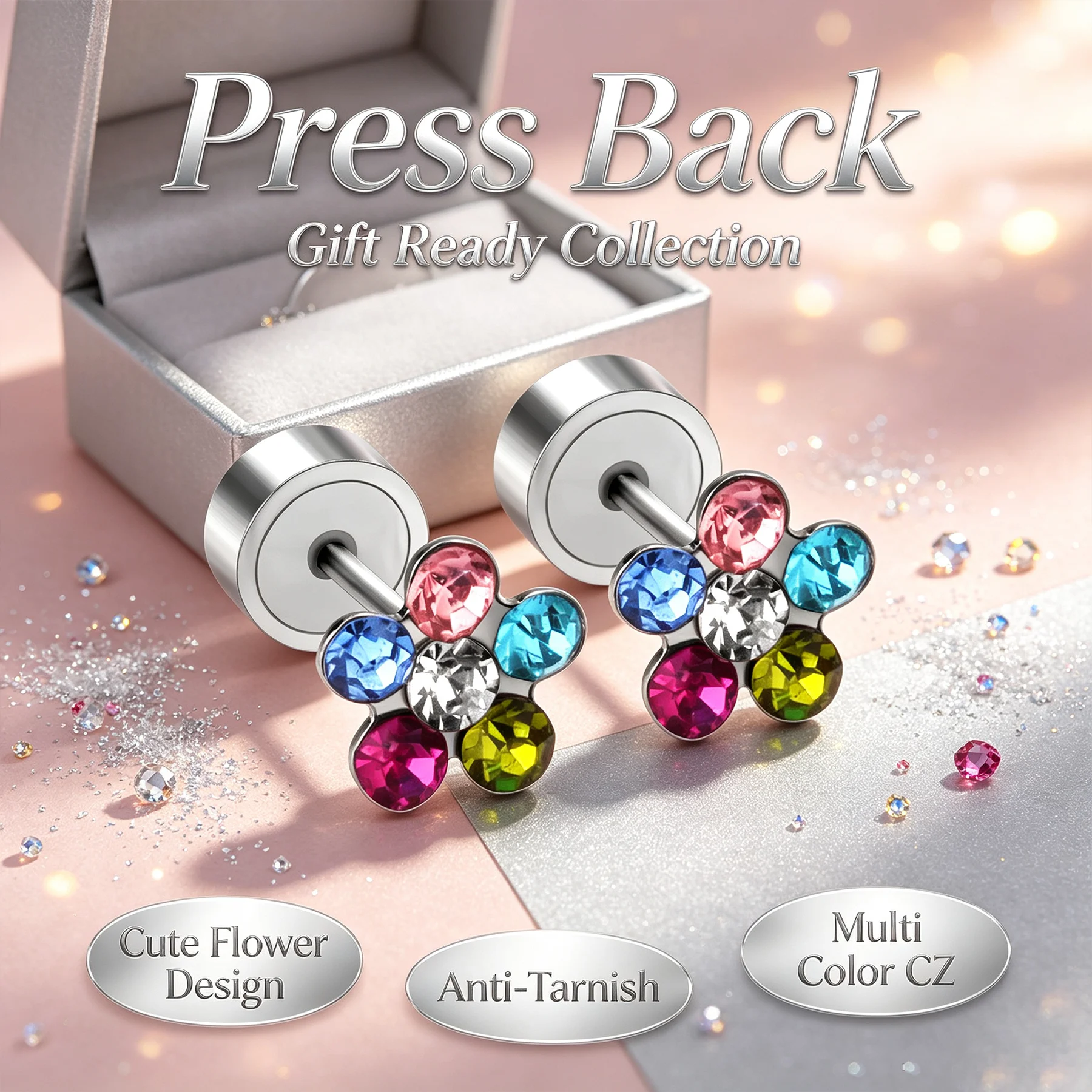 Colorful Flower CZ Press Back Stud Earrings, Stainless Steel Multi Crystal Piercing Earrings for Women Girls Daily Wear