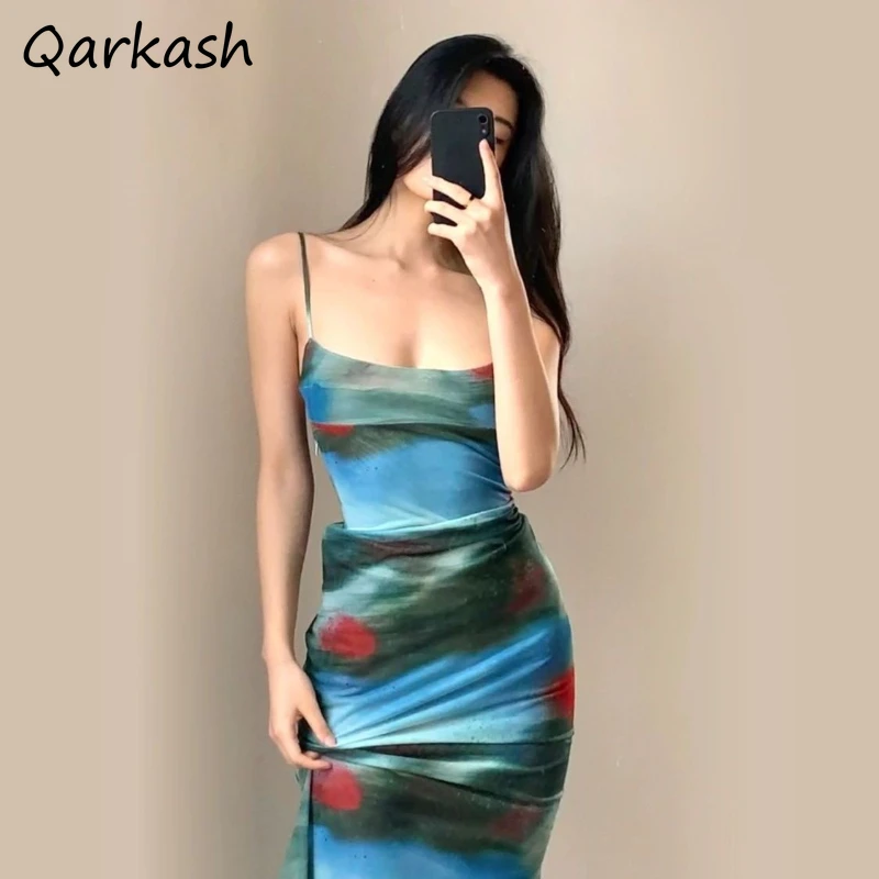 Sleeveless Dresses Women Slim Summer Seaside Vacation Retro Camis Hot Girls Sexy Slim Fit Tie Dye Printed Design Korean Tender