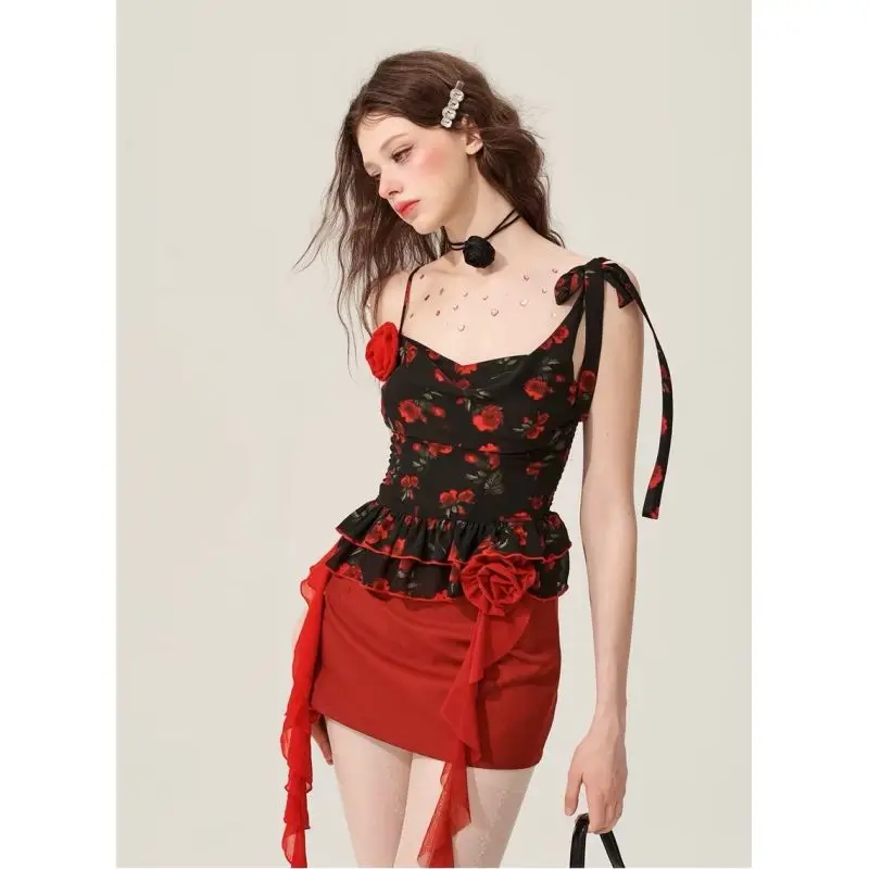 Set 2 Potong Y2K Cetak Antik Gotik Atasan Rasa Desain Wanita + Rok A-line Setelan Retro Seksi Ramping Chic Elegan Prancis Baru Musim Panas